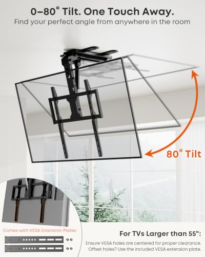 Image of Motorized Ceiling TV Mount with Remote for 37-75'' TVs, Flip Down, Black | Include VESA Extender, Sapcing Saving, Fits Flat and Pitched Roof, Electric Drop Down, Max VESA 600x400 mm, Max holds 99lbs