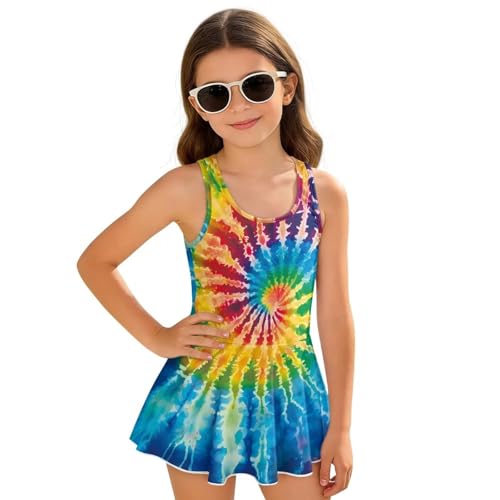 Pugasmiru Tie-Dye Pattern Girls One Piece Swimsuits A-Line Ruffled Bathing Suit for Kids Cute Hawaiian Swimwear Swim Dress 3-13 Years