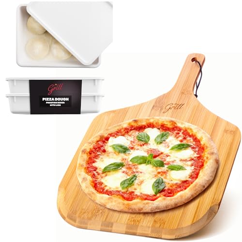 Image of Hans Grill Wooden Pizza Peel 12 Inch - Bamboo Wood Pizza Peel & Pizza Dough Proofing Box - Pack of 2 Stackable BPA-Free Trays with Covers