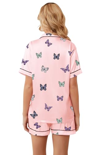 Image of Umeyda Women & Girls Pajamas Set, 2 Piece PJS Satin Silk Sleepwear Button-Down Top with Shorts for Mom Kids Gifts