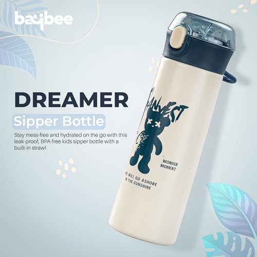 Image of BAYBEE Dreamer Sipper Water Bottle for Kids | Spill Proof Anti-Rust Steel Sipper Water Bottle for Kids with Straw | BPA Free Drinking Training Sippy for School Toddlers Boys Girls (White)