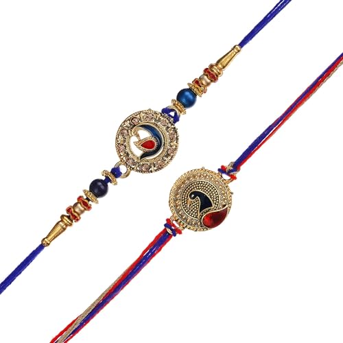 Image of eCraftIndia Set of 2 Light Blue Golden Premium Designer Rakhi for Brother Bhaiya Bhai | Roli Chawal Pack | Rakhi Combo