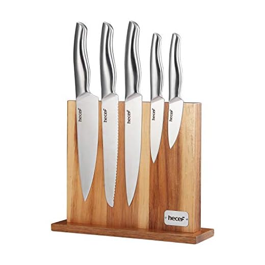 Hecef 6-delad kökskniv blockset, helt i metallkonstruktion ihåligt handtag tappare marktnivar och dubbelsidig magnet trä knivblock (silver)