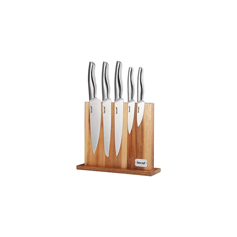 Hecef-6-Piece-Kitchen-Knife-Block-SetAll-Metal-Construction-Hollow-Handle-Tapper-Ground-Knives-Double-Sided-Magnet-Wood-Knife-Block Hecef 6 Piece Kitchen Knife Block Set,All Metal Construction Hollow Handle Tapper Ground Knives Double Sided Magnet Wood Stand