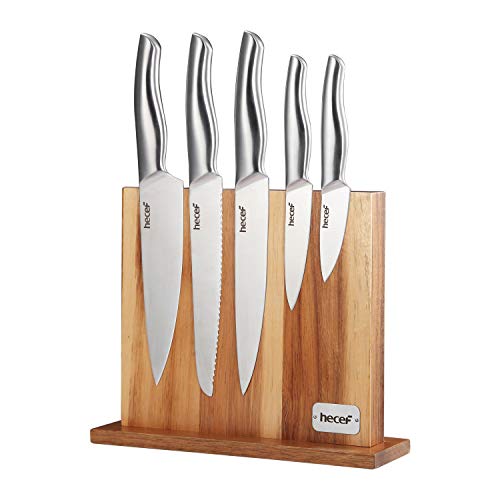 Hecef 6 Piece Kitchen Knife Block Set,All Metal Construction Hollow Handle Tapper Ground Knives & Double Sided Magnet Wood Knife Block (Silver)
