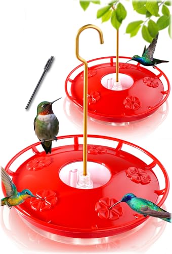 eWonLife 2 Pack Hummingbird Feeders for Outdoors, 16oz Leak-Proof Saucer Humming Bird Feeder with Integrated Ant Moat, Bee Proof 5 Feeding Ports, Brush, Easy Clean & Refill, Hanging Garden Yard Décor