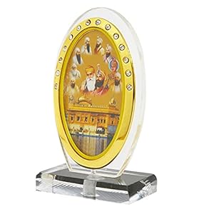 BISMAADH Car Dashboard Oval Shape Acrylic Showpiece Figurine Religious Idol Statue for Office & Home Décor (10 Guru & Golden Tempel)