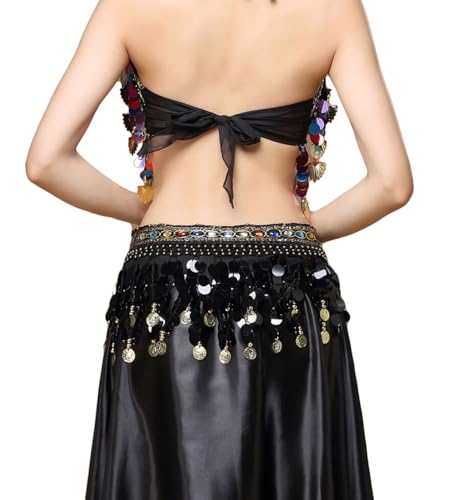 MUNAFIE Edelsteine Bauchtanz Hüfttuch Bauchtanz Kostüm Damen Bauchtanz Gürtel Tuch mit Münzen Schwarz