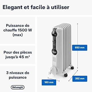 De'Longhi Radia S - Radiateur à Huile pour Pièces jusqu'à 45m³, Chauffage Électrique avec Thermostat de Sécurité, 7 Éléments, Chauffage Personnalisé avec Antigel, Portable, 1500W, Blanc (TRRS0715)