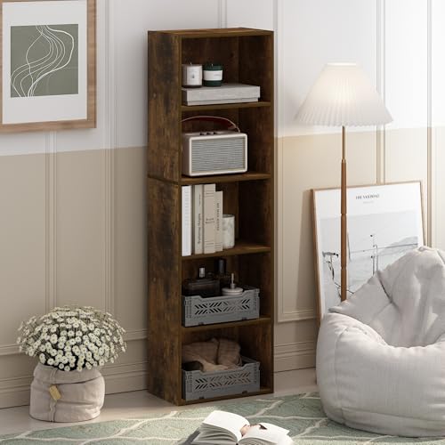 Image of Furinno LUDER Book Shelf, 5-Tier Bookshelf, Bookcase with Open Shelves, 9.4 x 15.8 x 52, Easy Assembly, for Living Room, Bedroom, Home Office, Amber Pine