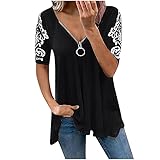 T-Shirt Damen V-Ausschnitt Sexy Sommer Oberteile T-Shirt Loose Kurzarmshirt Drucken Kurzarm/Langarm Reißverschluss Bluse Tee Tops Tunika Shirt Kurzarm Bluse Female Teenager Mädchen