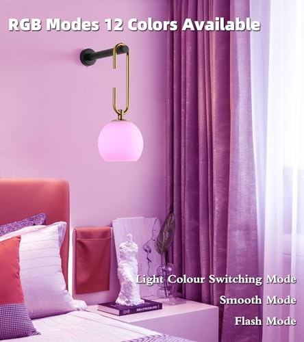Image of Wireless Wall Sconces Set of 2, Battery Operated Wall Light with Remote, Indoor Wall Lights with Frosted Shade & Dimmable 12RGB Colors Light Bulbs for Bedroom Living Room Hallway(Mix)