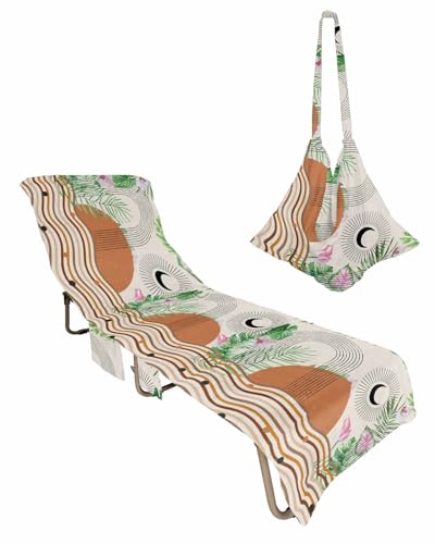 Geometric Boho Beach Chair Towel Covers for Chaise Lounge with Side Pocket, Soft Plush Pool Towels Cover for Patio Sunbathing Outdoor 29''x85'' Vintage Modern Stripes Middle Century