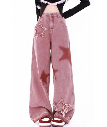 xxxiticat Women's Pink Baggy Jeans High Waisted Five-Pointed Star Embroidery Vintage Loose Raw Hem Wide Leg Denim Pants