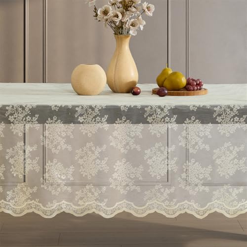 HLC.ME Jolene Floral Lace Tablecloth, Rectangle, 60x84 Inch, Linen Taupe