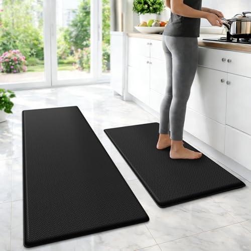 StepLively Kitchen Mat, 2 PCS Kitchen Rugs, Cushioned Kitchen Mats for Floor, Anti Fatigue Kitchen Rug Set, Non-Slip Standing Mat for Kitchen, Office, Sink, 17.3'x30'+17.3'x47', Black
