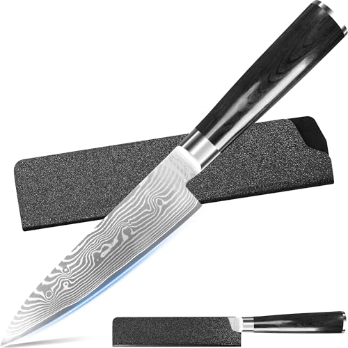 Image of XYJ 5 Inch Damascus Steel Utility Knife, Compact Damascus Steel Chopping Knife for Kitchen Use, Presicion Peeling for Friut Vegtable, Meat Cuttting