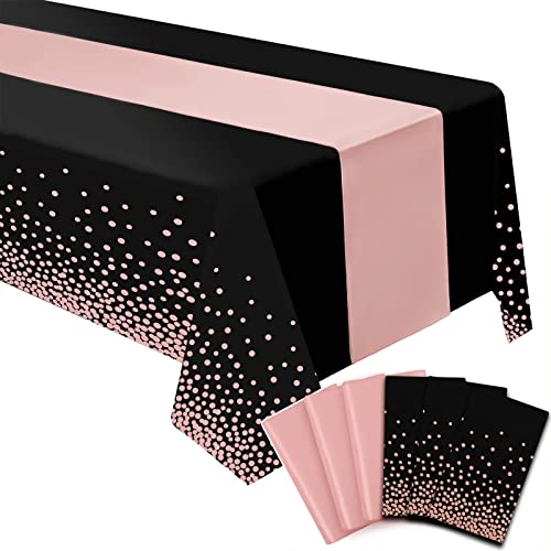 3 Packs Tischdecken 137x274cm Schwarz Roségold, 3 Packs Satin-Seiden-Tischläufer 30x274cm, Einweg Kunststoff rechteckige Tischdecken mit Punkten für Hochzeitsfeiern, Geburtstage, drinnen draußen Cover