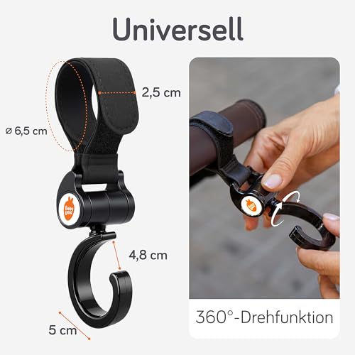 Baby Uma Kinderwagen Haken (2er-Pack) - Offene Kinderwagenhaken mit 360°-Drehgelenk & extra starkem Klettverschluss, einfach anzubringen & universal, 5 kg Tragkraft, Baby Erstausstattung Neugeborene