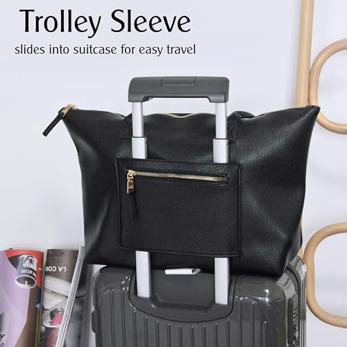 HOXIS Tote Bag for Women with Zipper Vegan Leather Handbag with Trolley Sleeve Travel Weekender Carryall Bag3