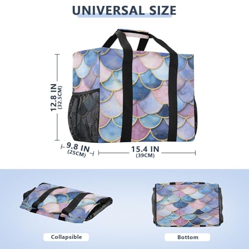 Large Waterproof Travel Tote Bag for Women Men, Watercolor Pink Blue Mermaid Scales Canvas Beach Bag with Lining & Pockets - Reusable Grocery/Laundry/Kitchen/Pool/Picnic Tote (15.4x9.8x12.8i3