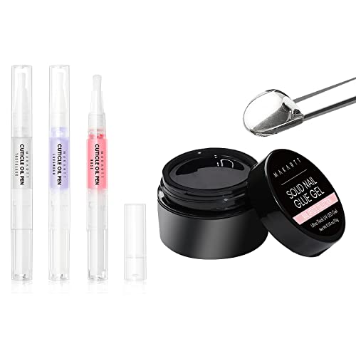 Makartt Solid Nail Gel Glue for Soft Gel Nail Tips Acrylic Nail Tips Solid Gel Nail Glue Bundle 3Pcs Cuticle Oil Pen Nail Care Set, Nail Cuticle Revitalizer Oil 5ML Nail Repair Oil Cuticle