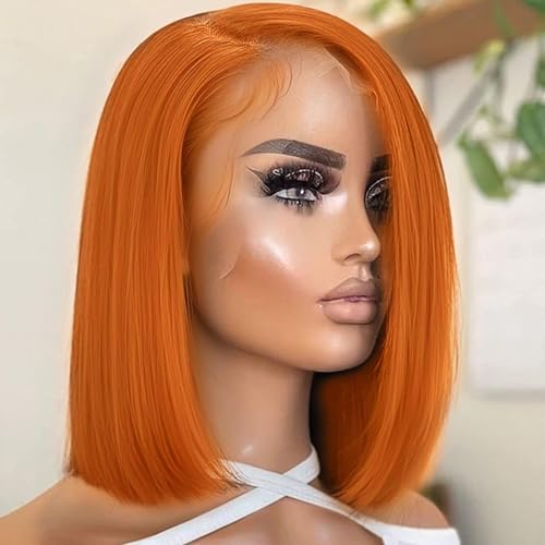 Thusiae 250% Density Ginger Bob Wig Human Hair 13x4 HD Lace Closure Wig Orange Bob Human Hair Wig with Baby Hair Short Straight Bob Colored Wig for Women 16 Inch