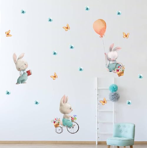 Image of Cute Bunnies with Flower Balloon Butterfly Wall Stickers for Kids Room Bedroom Living Room Door Study Boho Nursery Wall Decoration Wall Sticker for Baby Boy Girl Room Playroom Decor