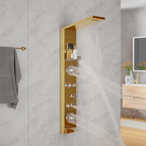 Image of Backline shower panel | 8 In 1 Shower System 304 Grade Stainless Steel Thermostatic Shower With Storage Shelf, LED Rainfall Shower,Hot & Cold Adjustable,Massage Spray,Hand Shower & Water Spout (Gold)