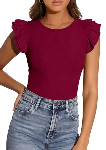 PRETTYGARDEN Womens Summer Crew Neck T Shirts 2026 Trendy Ruffle Sleeve Slim Fit Knit Going Out Tops Casual Spring Clothes (Wine Red,XX-Large) — view 2