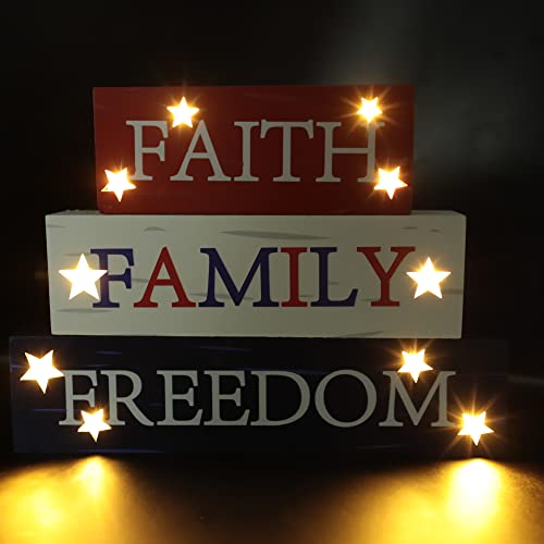 Patriotic Decorations Wooden Sign With Led Lights- 4Th Of July Lighted Up Wooden Sign For Table Mantle- Patriotic Party Memorial Day Veterans Day Farmhouse Home Battery Operated Wooden Block Sign #TOP5