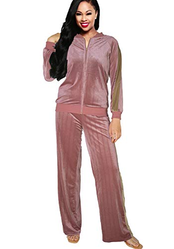 Womens Two Piece Velvet Tracksuit Set Full Zip-up Jackets Sweatshirts & Pants Set Pink