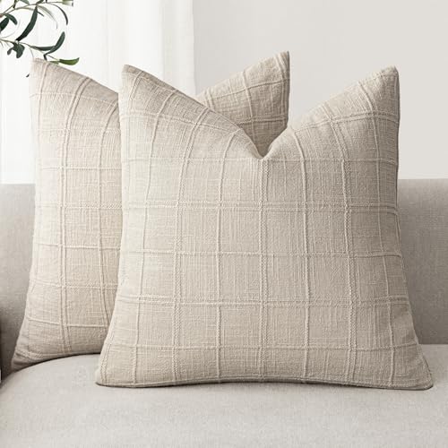 Image of Foindtower Set of 2 Decorative Linen Check Throw Pillow Covers Neutral Farmhouse Vintage Cushion Covers Modern Boho Home Decor for Sofa Chair Couch Bedroom Living Room,18x18 Inch,Natural Linen