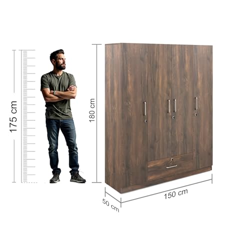Image of Nexel 4 Door Wardrobe | Engineered Wood | Natural Teak Finish | Spacious Storage with Drawers, Shelves & Hanger | Elegant and Durable | Knock Down | 36 Months Warranty