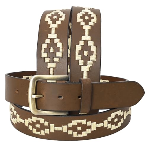 Western Brown Full Grain Genuine Leather Men & Women Belt Embroidered White Unisex With Removable Buckle