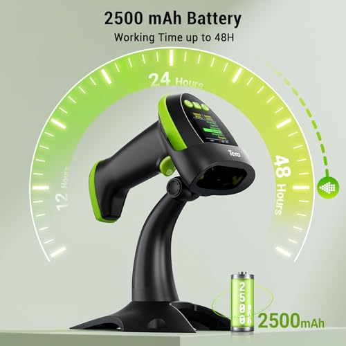 Image of Tera Barcode Scanner Wireless 2D with Stand: Digital Screen Keypad HW0009-Z | BT 2.4G Wireless, USB Wired, 640*480 CMOS, 1D 2D QR PDF417, Screen Paper Codes, 2500mAh, Warehouse Retail School PC, Green
