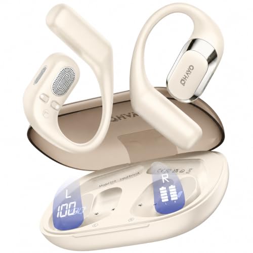 Image of OHAYO Open Ear Headphones,Earbuds with Ergonomic Earhook,Bluetooth Headphones 5.4 with Smart Digital Display,40H Playtime,IPX6 Waterproof,Touch Control Earphones Fit Cycling,Running,Workout(Beige)