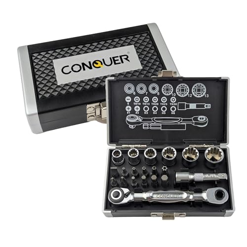 CONQUER 1/4インチドライブスプラインソケット&ビットセット 21個 72歯ミニラチェット、スピンディスク&クイックリリース、CR-Vローレットソケット、S2ビット付き