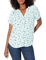 Amazon Essentials Women's Short-Sleeve Woven Blouse, Aqua Blue Poppy, Small