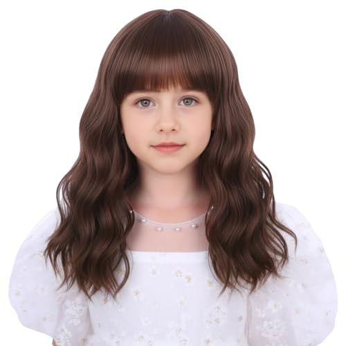 Kids Chocolate Brown Wig with Bangs Short Curly Wavy Child WIg Light Brown Wigs 14 inches Chocolate Wigs for Girls