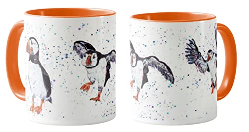 Vixar Puffin Bird - Tazza colorata ad acquerello, idea regalo, compleanno, lavoro, ufficio, Natale, tè, caffè, colore: arancione