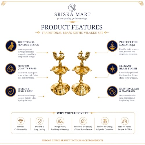 Image of Brass Peacock Kuthu Vilakku 5-Inch Compact Set of 2 with 2 Matching Base Plates, Samai Deepam Oil Lamps