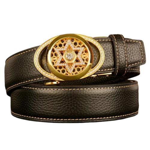 Stitched Leather Ratchet Belt With Rhinestones - Hollow Hexagram Flower Oval Buckle, Unisex Design