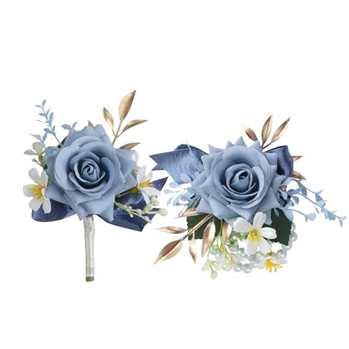 Jiyohai Wrist Corsage and Boutonniere Set Artificial Roses Flower Wedding Bridal Shower Homecoming Prom Corsage and Boutonniere for Groomsmen Bridesmaid Mother Girl Boys (Dusty Blue)