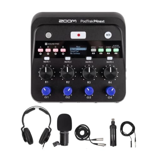 Zoom PodTrak P4 Portable Multitrack Podcast Recorder Bundle with Zoom ZDM-1 Podcast Pack