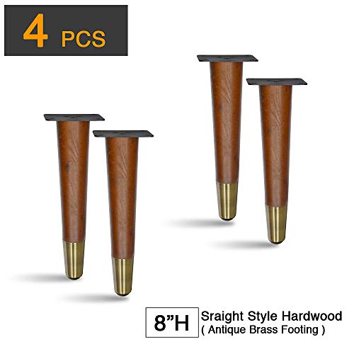 Akb Hardware 4 Pcs Set Straight Wood Furniture Legs, Sofa Legs, Bench Legs, Table Legs With Metal Footings (8" H Antique Brass Plated Footing) #TOP2