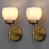Yosoan Brass Boho Indoor Vintage Wall Sconce Set of 2, Modern Vanity Gold Industrial Hardwired Wall Mounted with Milk Transparent Tulip Flower Shade for Living Room Bedroom Kitchen Hallway(Antique)