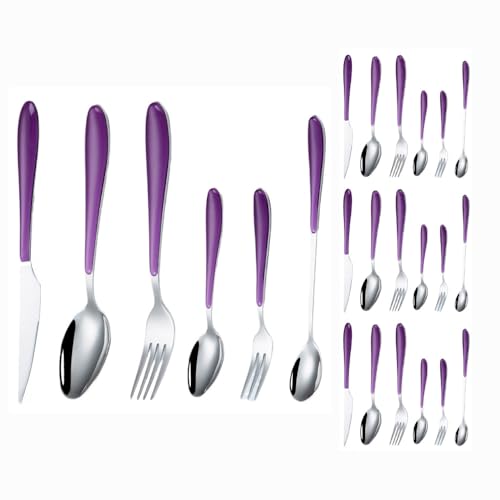 Plastic Clamp Handle Kitchen Stainless Steel Silverware Tableware Flatware Cutlery Set Steak Knife Fork Spoon Teaspoon (Purple,24 pieces)