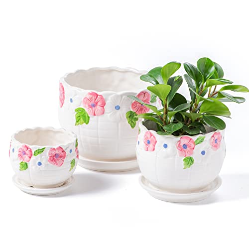 Sin Wings Pink Flower Plant Ceramic Pots Set Of 3, 6/5/4 Inch White Indoor Planter With Saucer And Drainage Hole - Hand Painted For Succulent, Herb, Snake Outdoor #TOP1