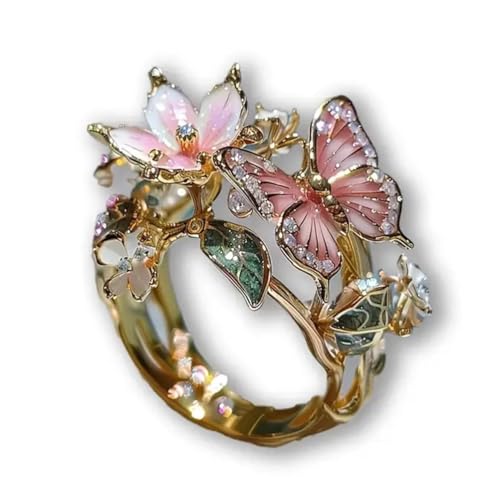 Mjzzh Bague papillon fleurie pour femme Bague bohème en or Bijoux fantaisie Cadeau feuille de fleur pour femme et fille